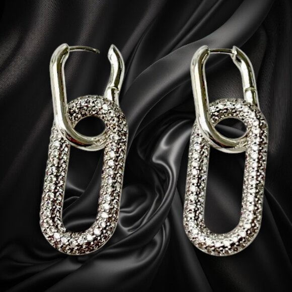 Silver Tone Pave Link Drop Earrings Geometric Chain Style - Picture 2 of 3